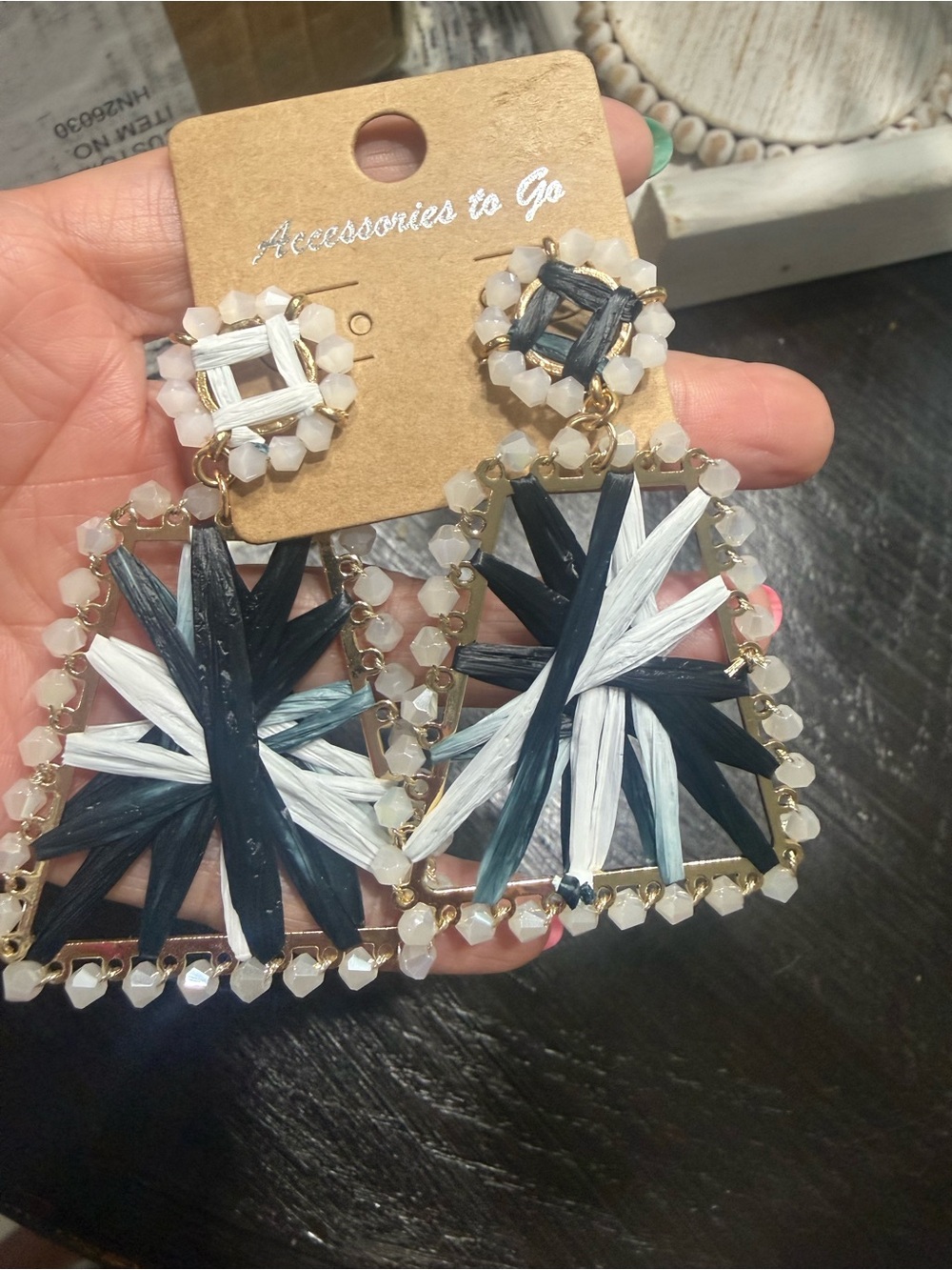 Handcrafted Black & White Beaded Statement Drop Earrings